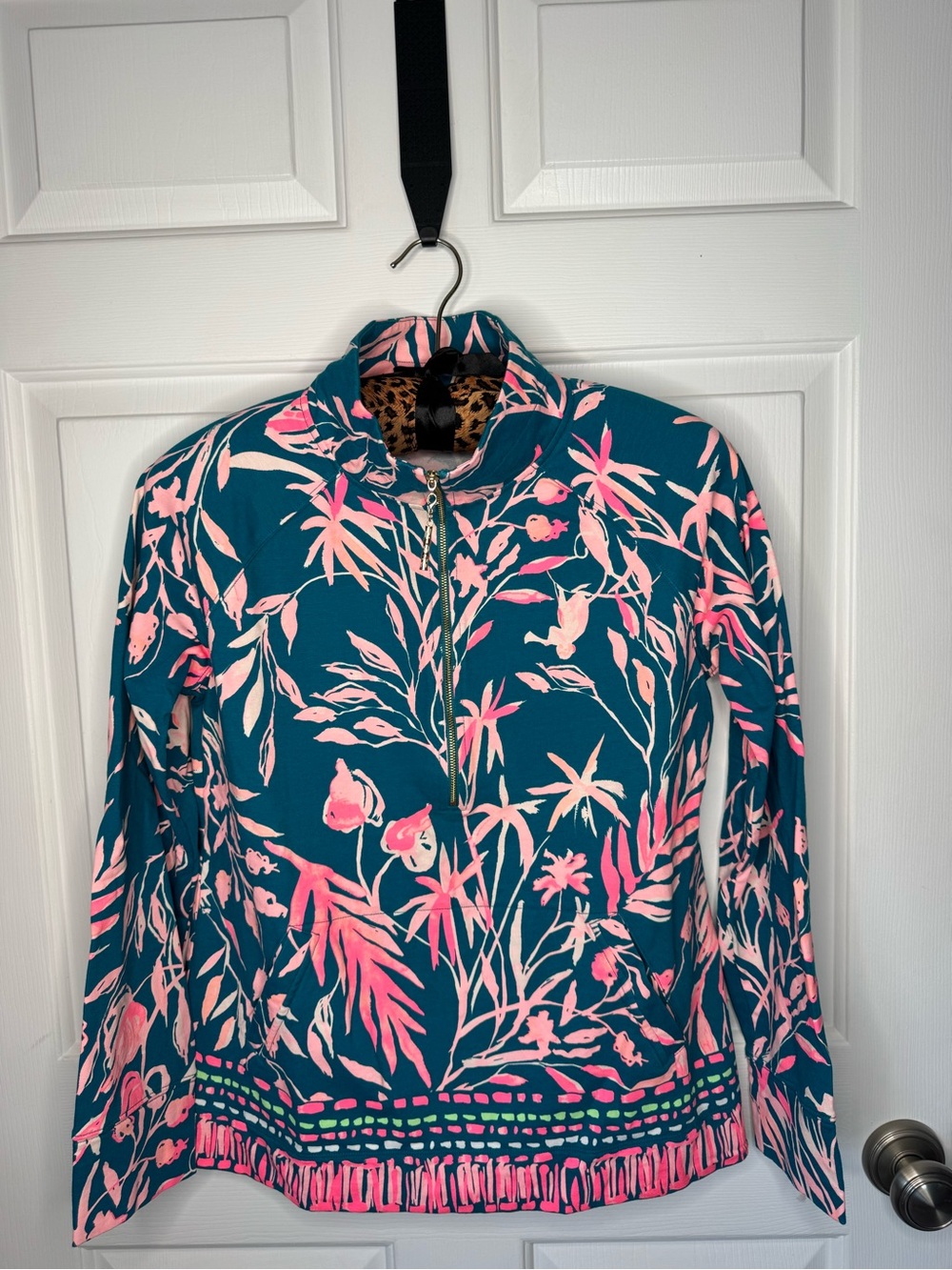 Lilly Pulitzer Popover- Teal Floral Half-Zip Jacket with Pink Print